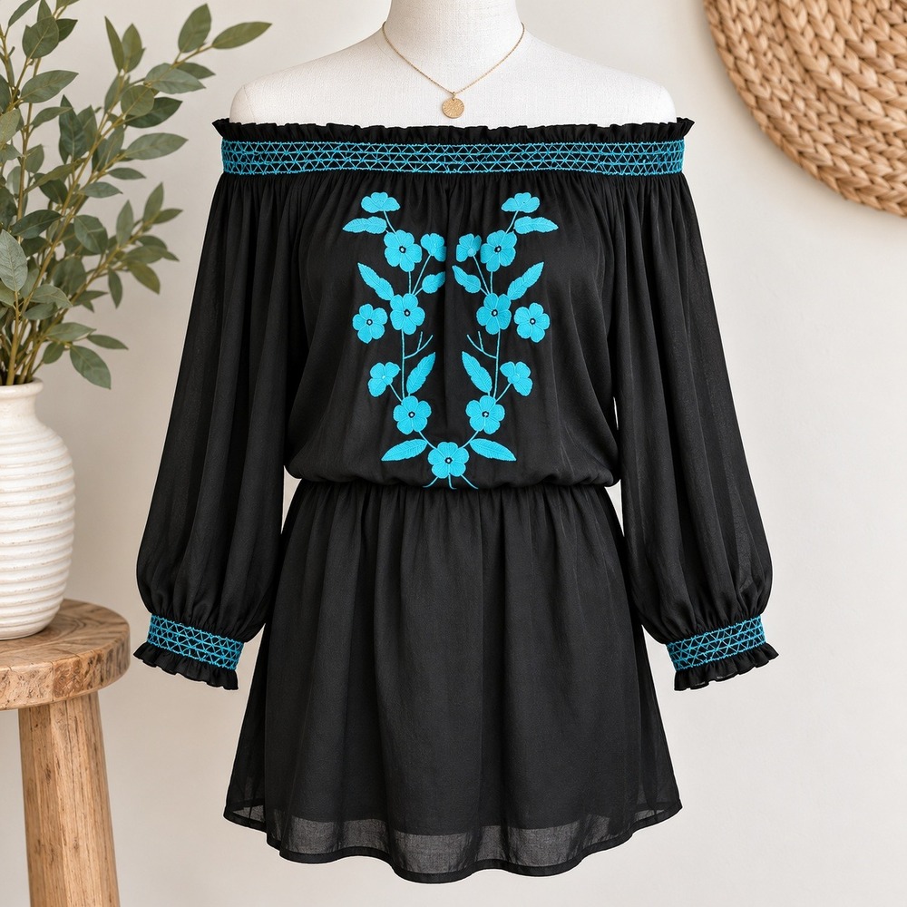 Cowgirl Justice Dress Womens XL Black Turquoise Floral Embroidered Boho Western